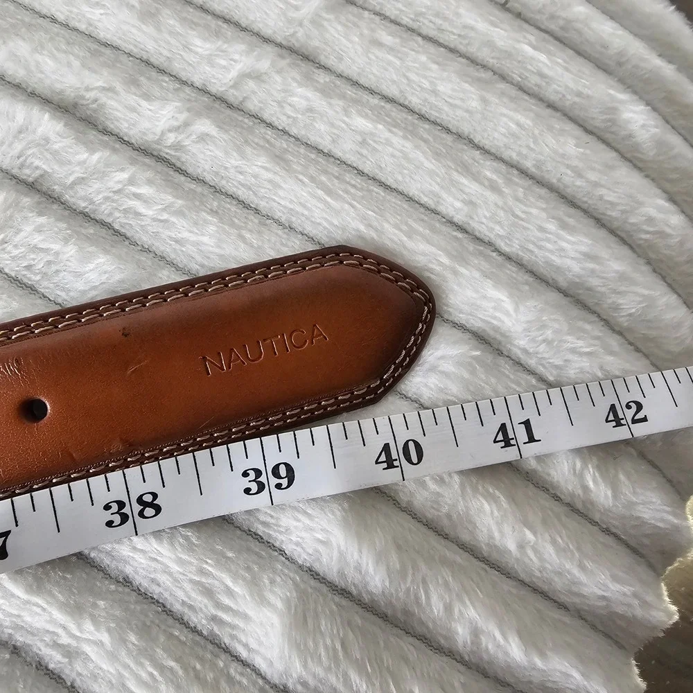 Nautica Mens Coated Leather Stitch Detail Belt 34 Brown Classic Preppy